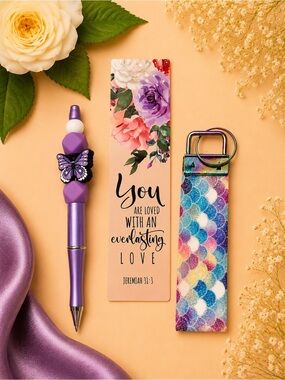 Floral Bible Verse Bookmark with Purple Butterfly Pen and Multicolor Key Fob Set